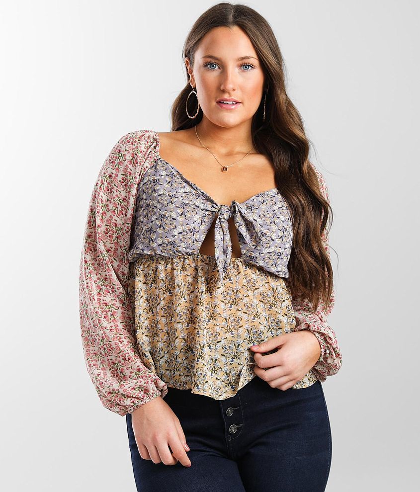 Daytrip Floral Chiffon Keyhole Top front view