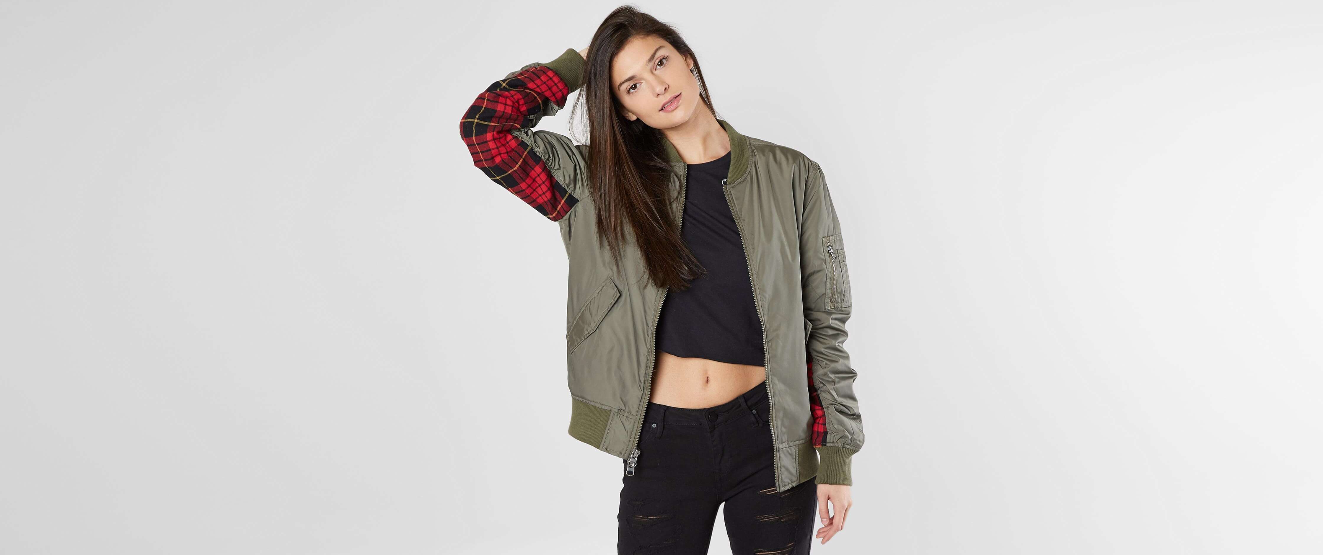 Image of KENDALL + KYLIE Pieced Plaid Bomber Jacket