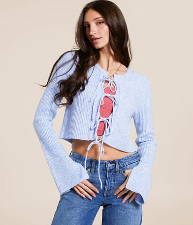 TIC TOC Front Tie Heathered Cardigan Sweater front view
