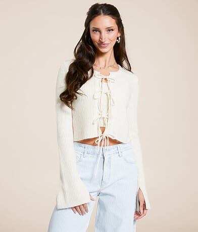 TIC TOC Front Tie Heathered Cardigan Sweater front view