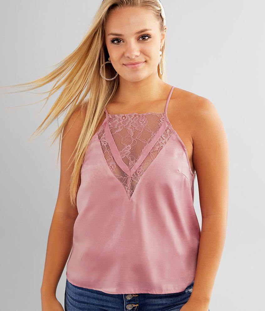 Lace-trimmed satin cami top - Light pink - Ladies