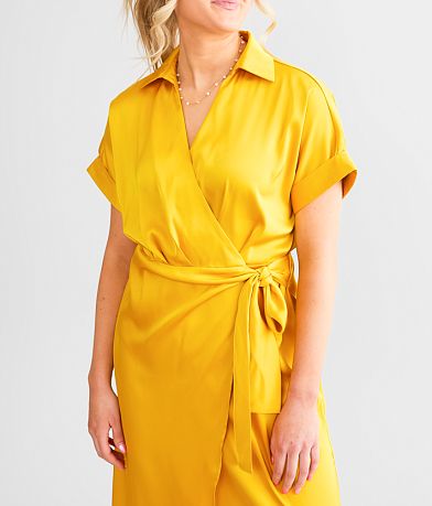 red by BKE Satin Wrap Midi Dress misc detail 1 view