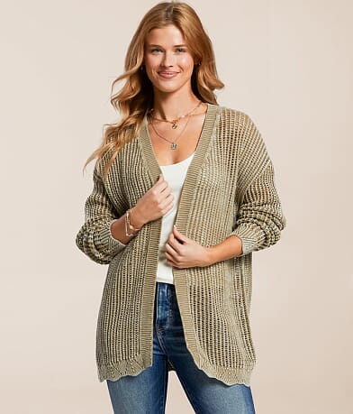 BKE Washed Pointelle Cardigan Sweater front view