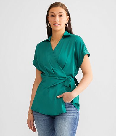 red by BKE Satin Surplice Tunic Top front view