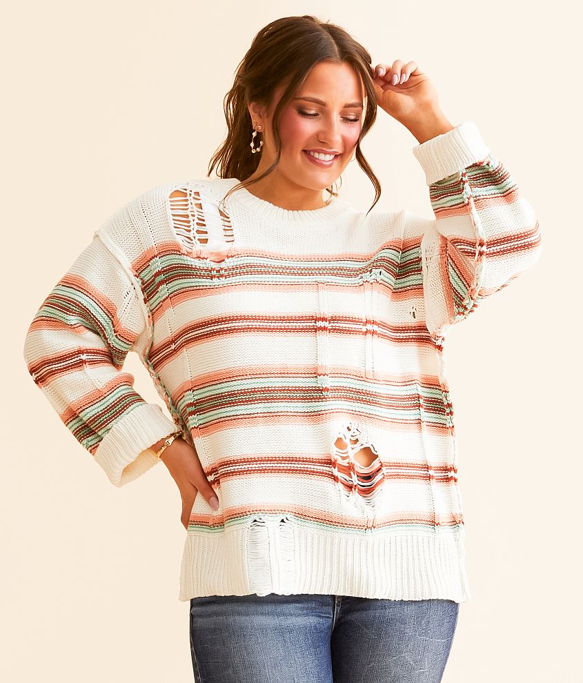 Timing Destructed Mix Striped Sweater front view