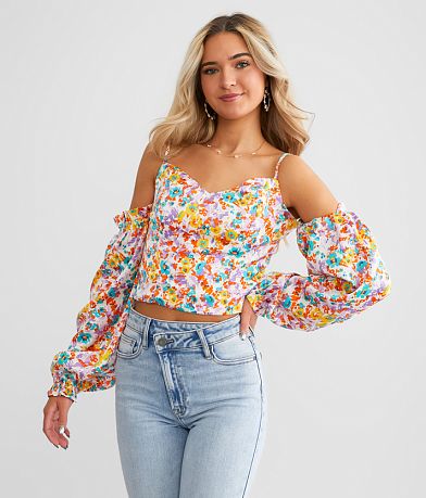 Willow & Root Floral Sweetheart Cropped Top front view