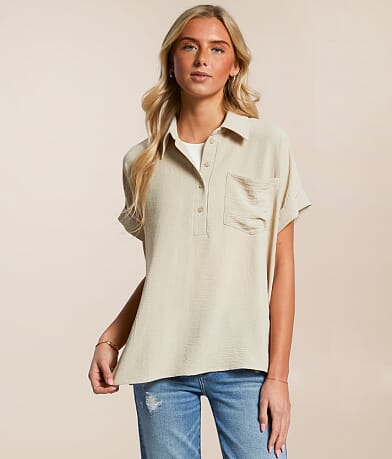 Daytrip Collared Henley Blouse front view