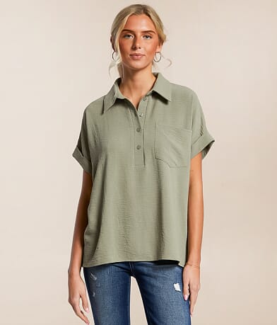 Daytrip Collared Henley Blouse front view