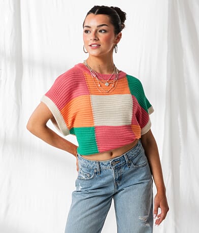 33 Coastal Checkered Dolman Cropped Sweater front view