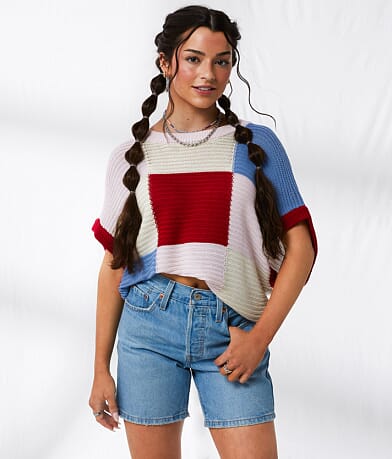 33 Coastal Checkered Dolman Cropped Sweater front view