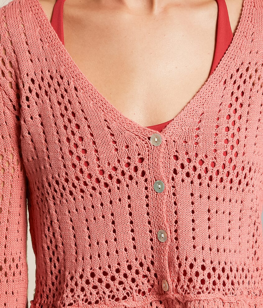 Pointelle Peplum Cardigan Sweater