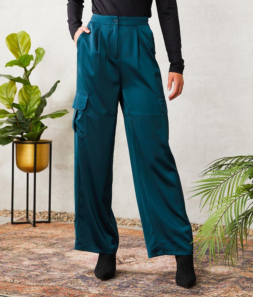 Teal Satin Cargo Pants –