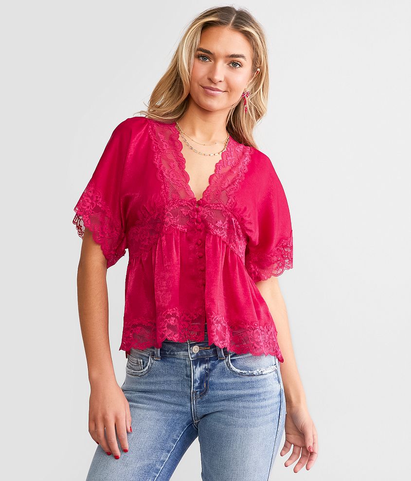 Daytrip Satin & Lace Peplum Top - Women's Shirts & Blouses in Cerise ...