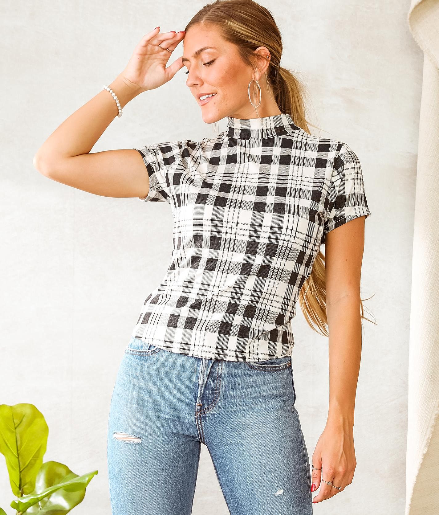 Willow & Root Checkered Mesh Top - Women's Shirts/Blouses in Brown Cream