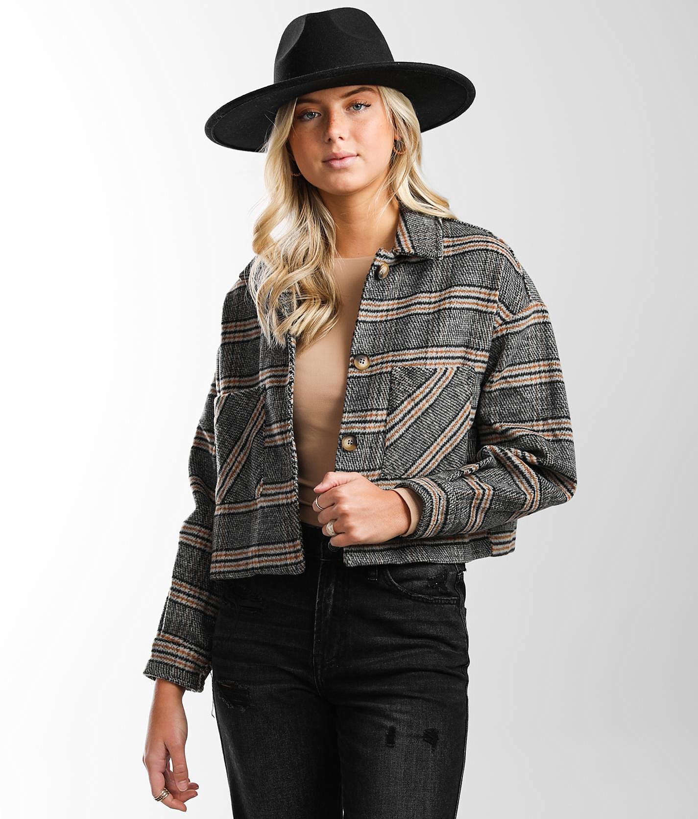 Thefound Womens Cropped Shacket Flannel Jacket