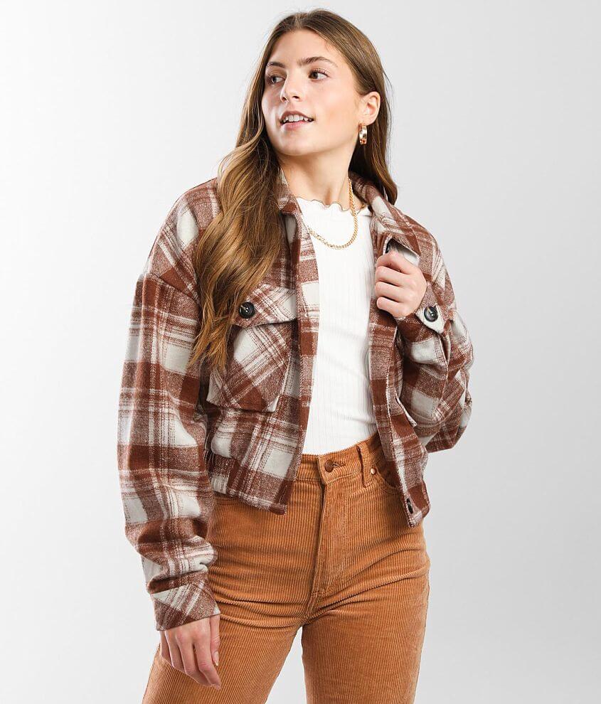 BROWN FLANNEL CROP JACKET - The Copper Closet