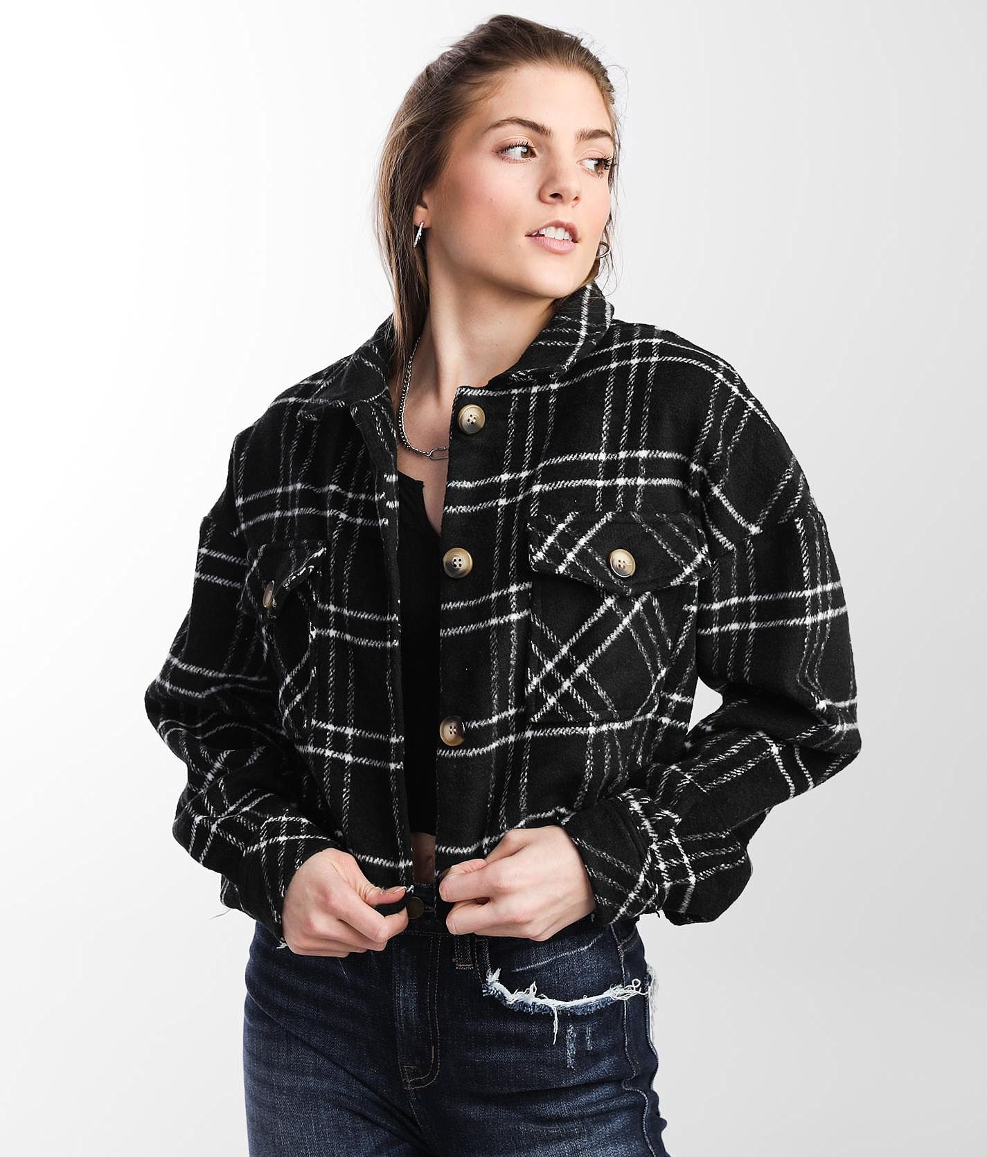 Timing Flannel Cropped Jacket - Women's Coats/Jackets in Black