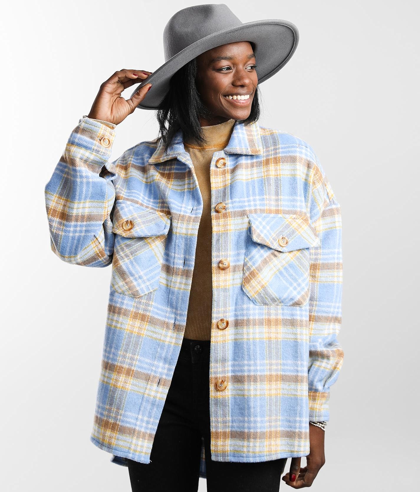 Timing Flannel Plaid Shacket - Women's Coats & Jackets in Blue