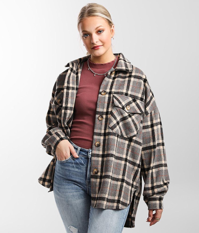 Timing Flannel Plaid Shacket front view