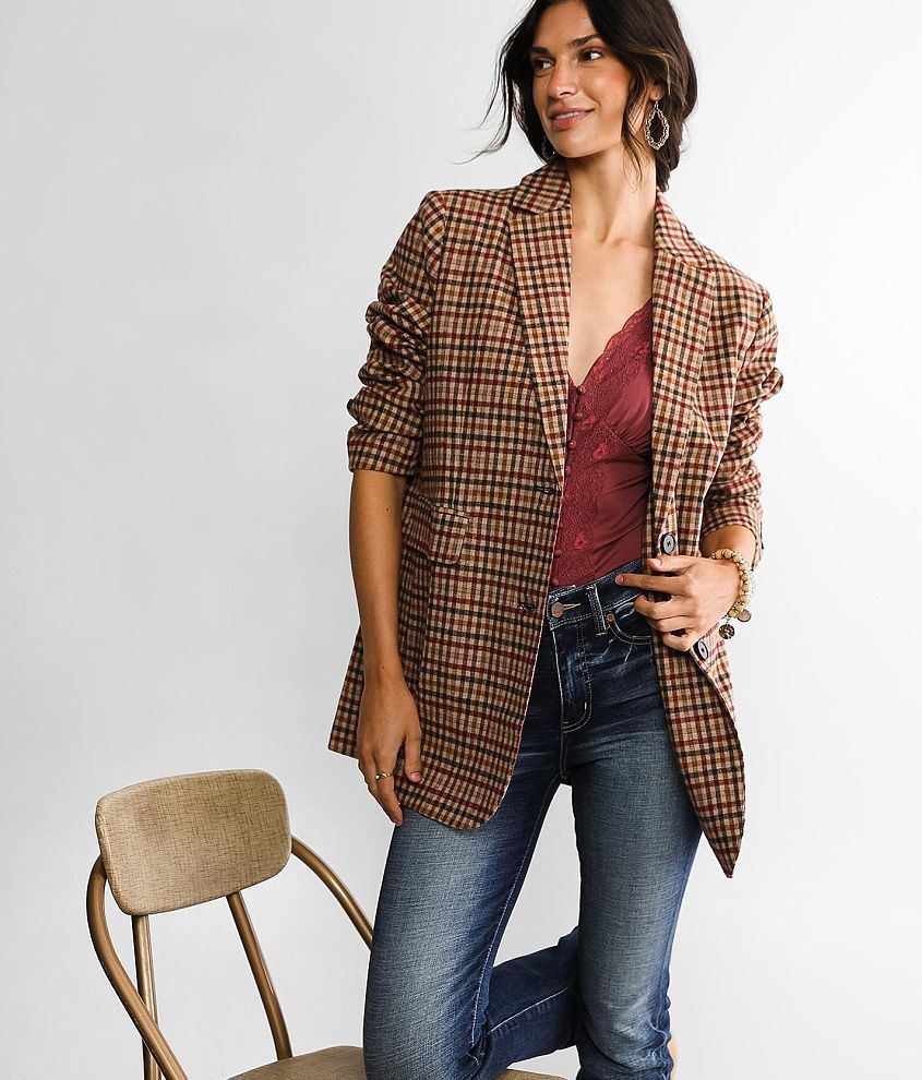 Timing Plaid Blazer Women s Coats Jackets in Burgundy Brown Buckle