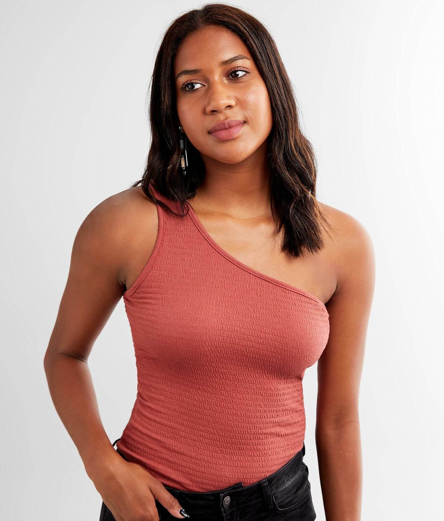 Timing One Shoulder Tank Top Women s Tank Tops in Redwood Buckle