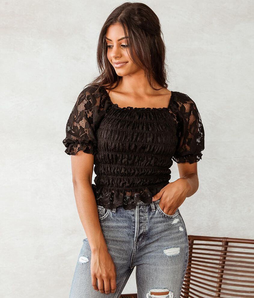 Willow & Root Ruched Lace Top - Women's Shirts/Blouses in Black | Buckle