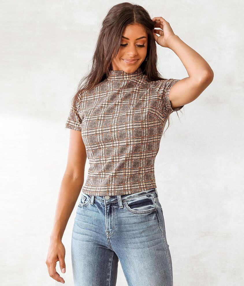 Willow Root Plaid Mock Neck Top Women s Shirts Blouses in Rust Grey Buckle