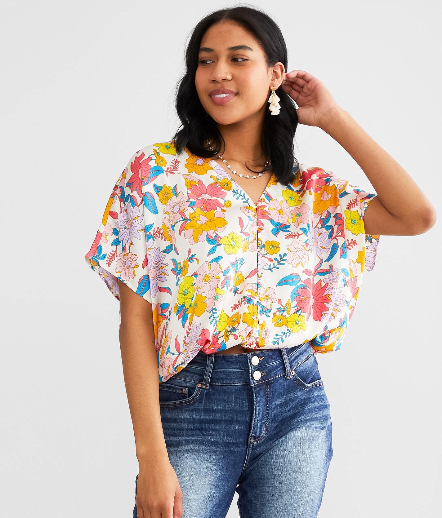 Willow & Root Floral Satin Bubble Top - Women's Shirts & Blouses