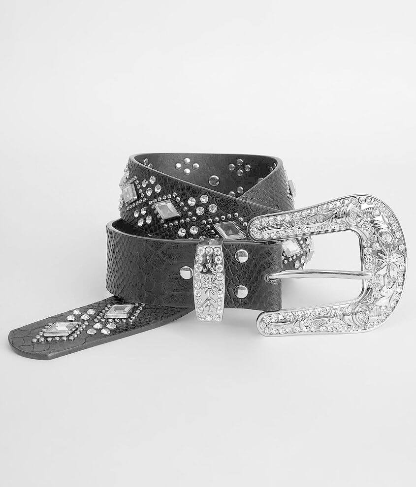 Black Cross Rivet Belt Engraved Buckle Rhinestone Decor Pu Belt