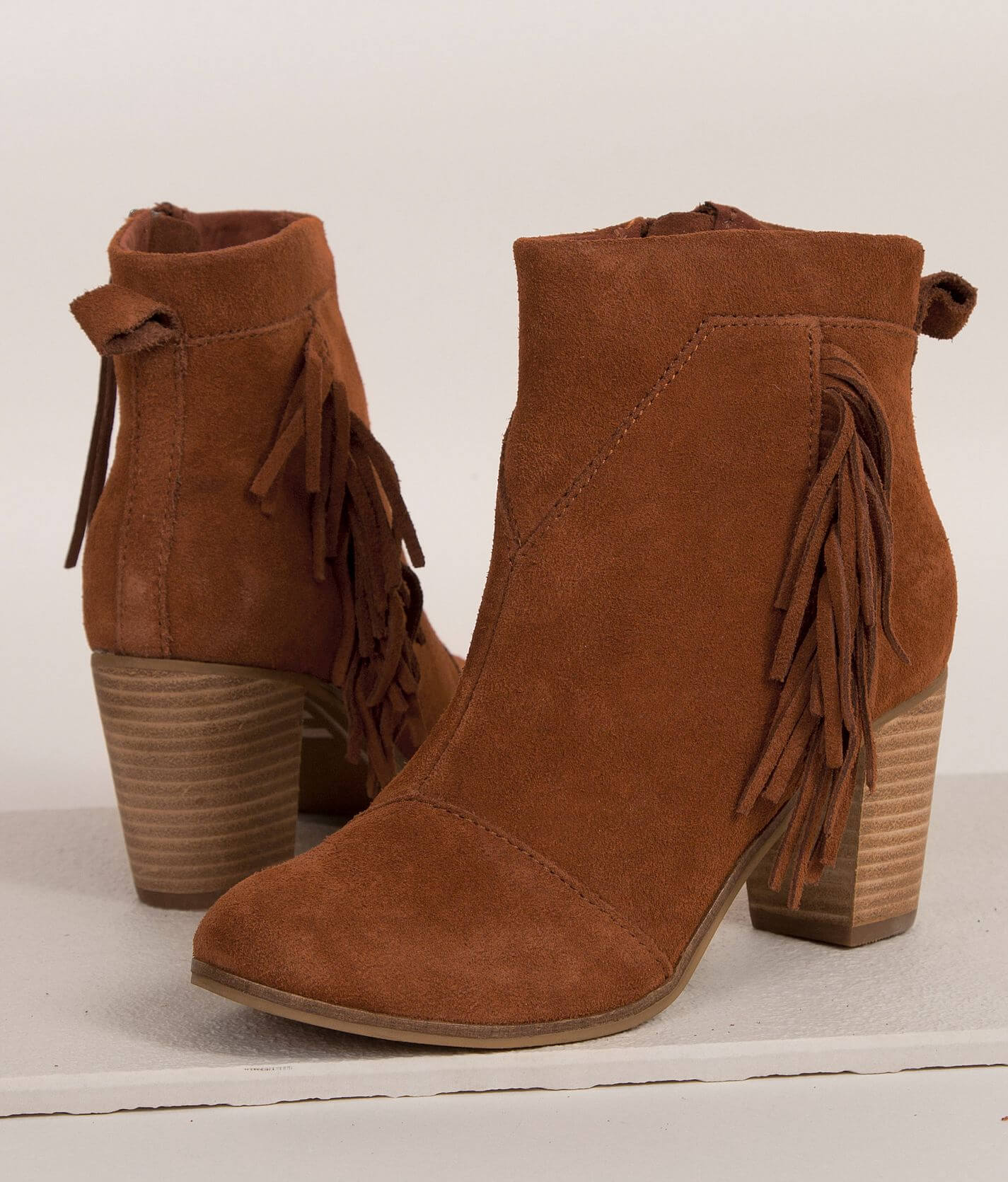 TOMS Lunata Ankle Boot Women s Shoes in Cognac Suede Fringe Buckle