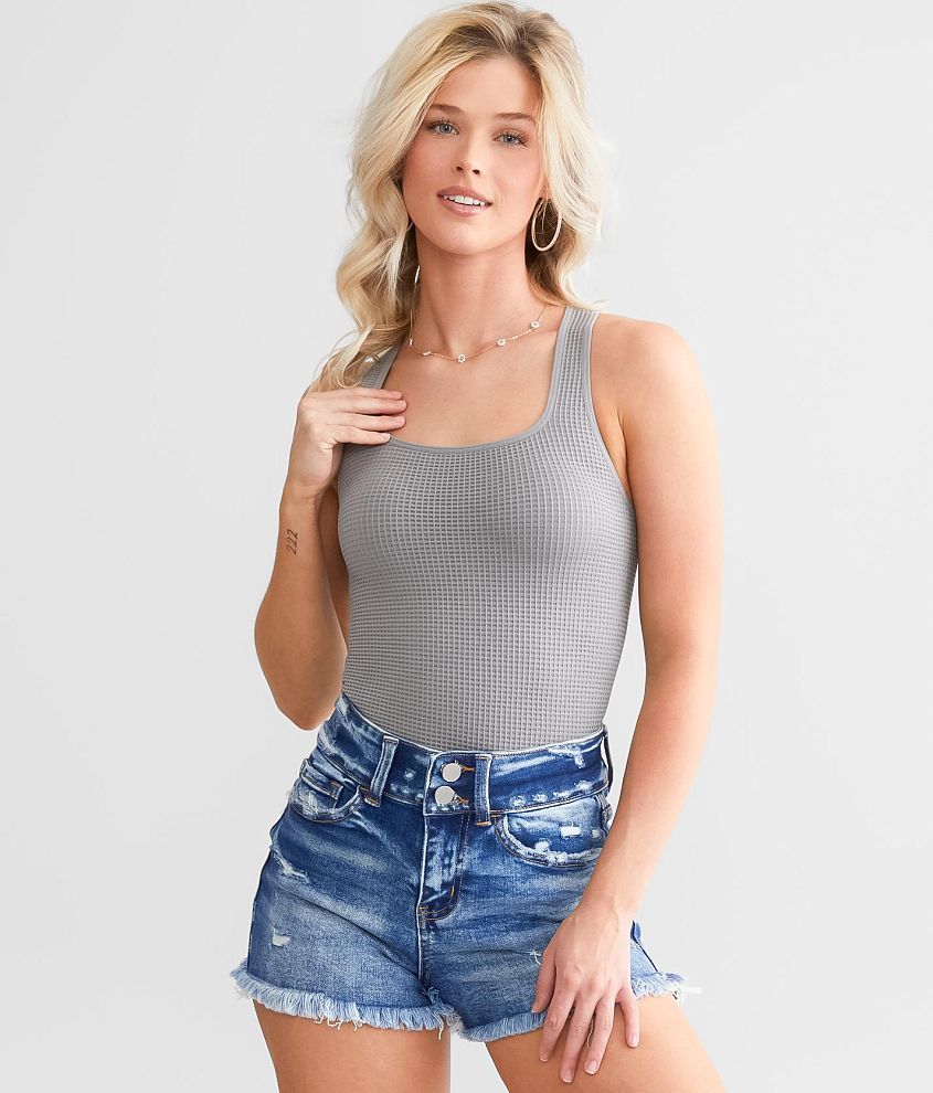 BKE core Waffle Knit Bodysuit Women's Bodysuits in Frost Gray Buckle