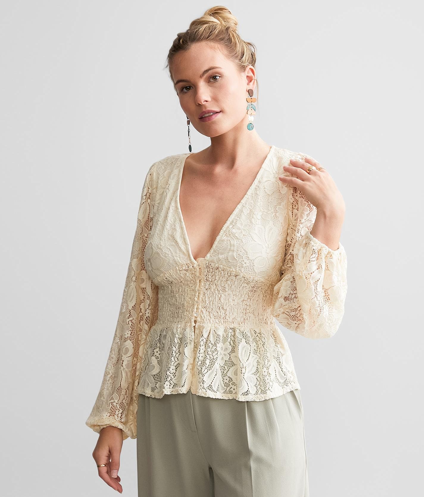 トップス Eaphi / SWITCHING LACE PEPLUM TOPS SWITCHING LACE PEPLUM TOPS