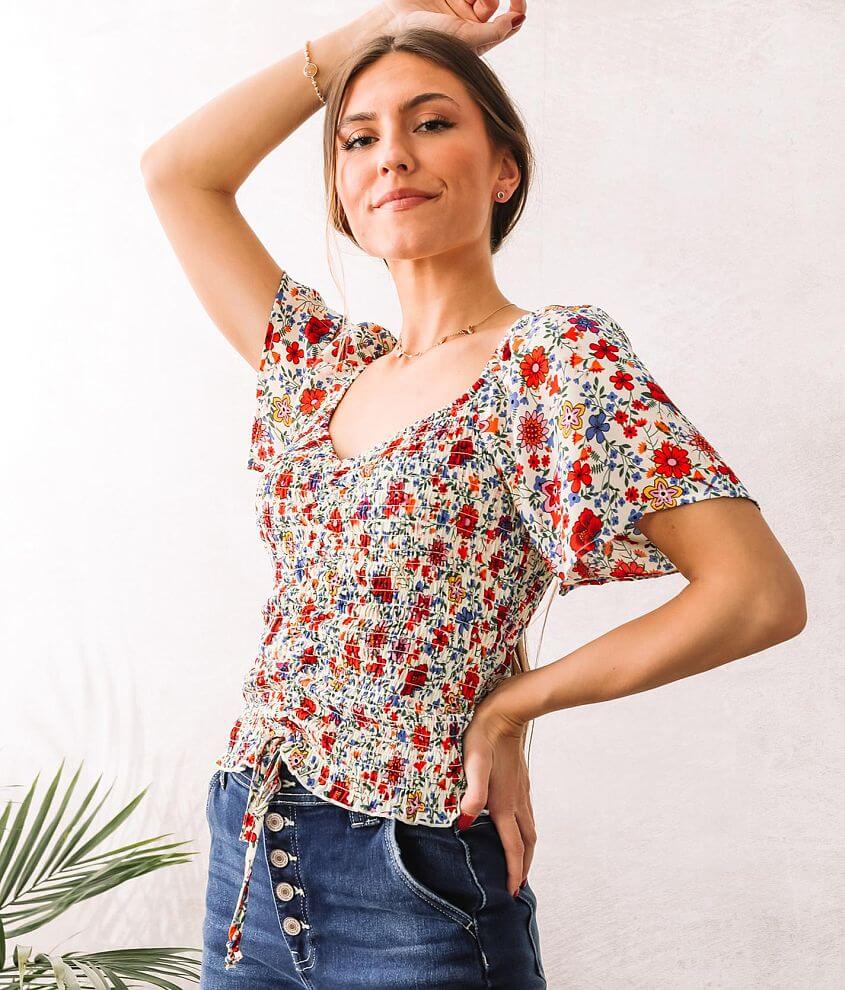 Willow &#38; Root Floral Smocked Chiffon Top front view