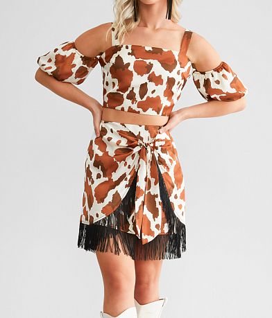 Willow &amp; Root Cow Print Wrapped Mini Skirt full right side view