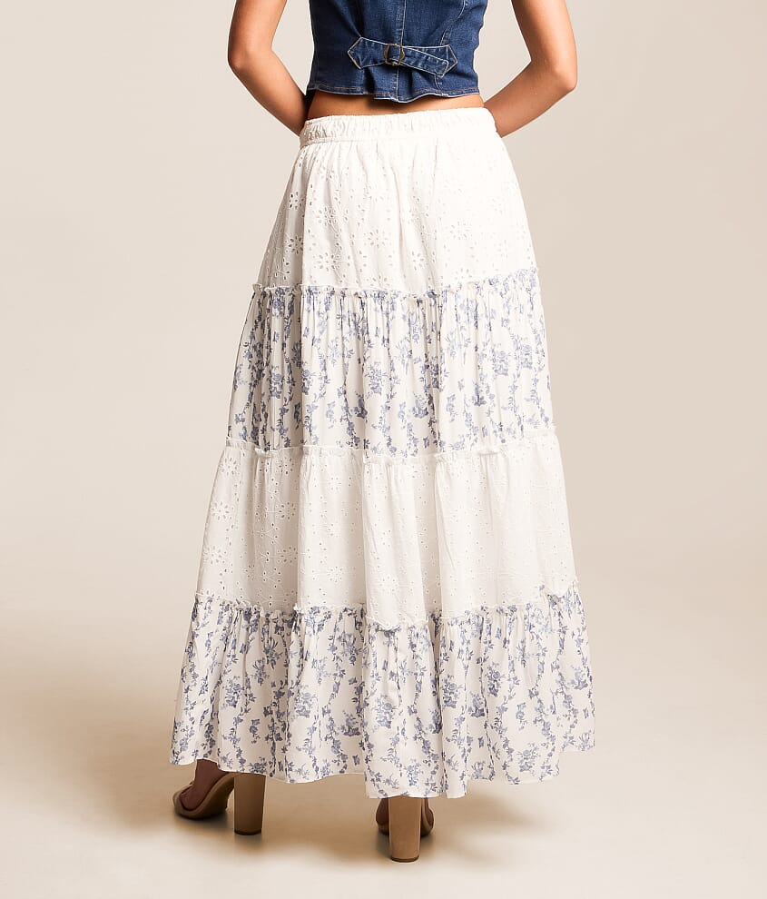 Pieced Floral Eyelet Maxi Skirt
