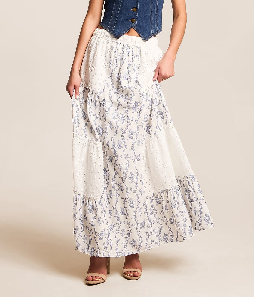 Pieced Floral Eyelet Maxi Skirt