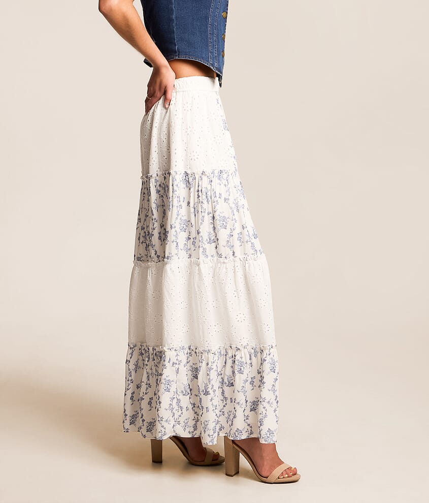 Pieced Floral Eyelet Maxi Skirt
