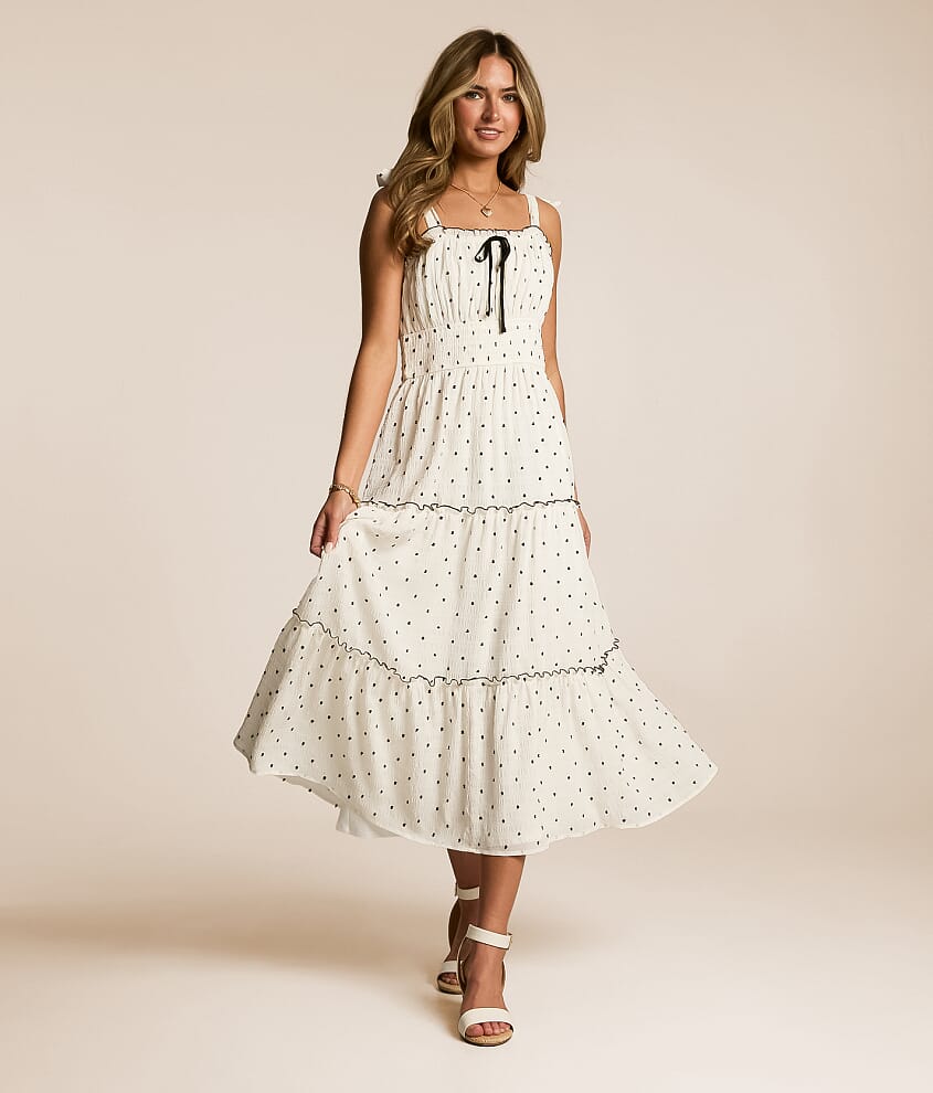 knee length dresses for ladies Ruffle Frill Detailed Swiss Dot Mesh Midi Dress Large / Cream main image 1
