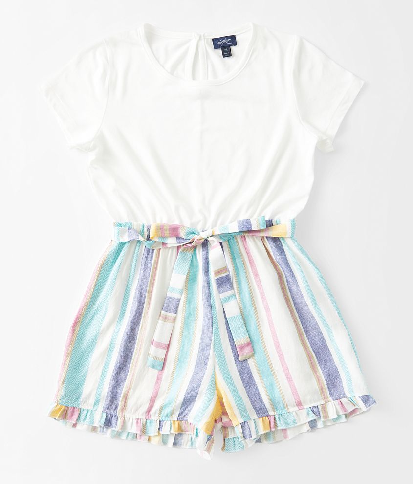 Girls - Daytrip Ruffle Striped Romper front view