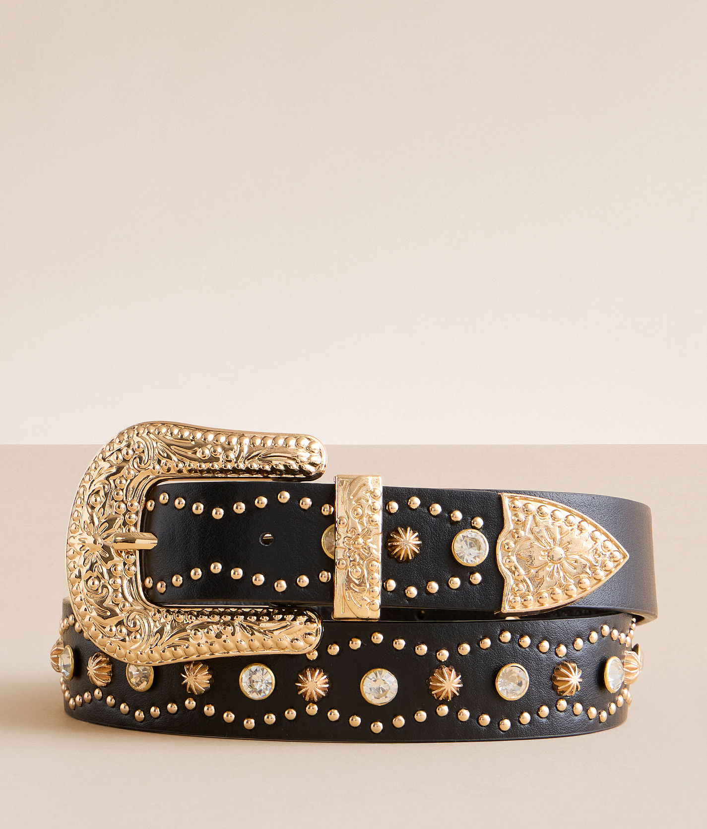 Western Studded Belt & Rhinestone Buckle, Leather, Size M, EUC Texas Star Studded Belt and Western Buckle 1.5 main image 2