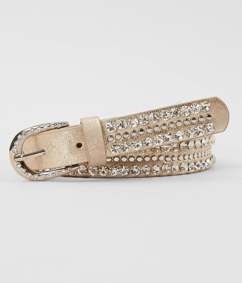 Gold Metallic Belt with Rhinestone Studded Buckle​ Gold Three Line Rhinestone Studded Leather Belt - Cowgirl  main image 4