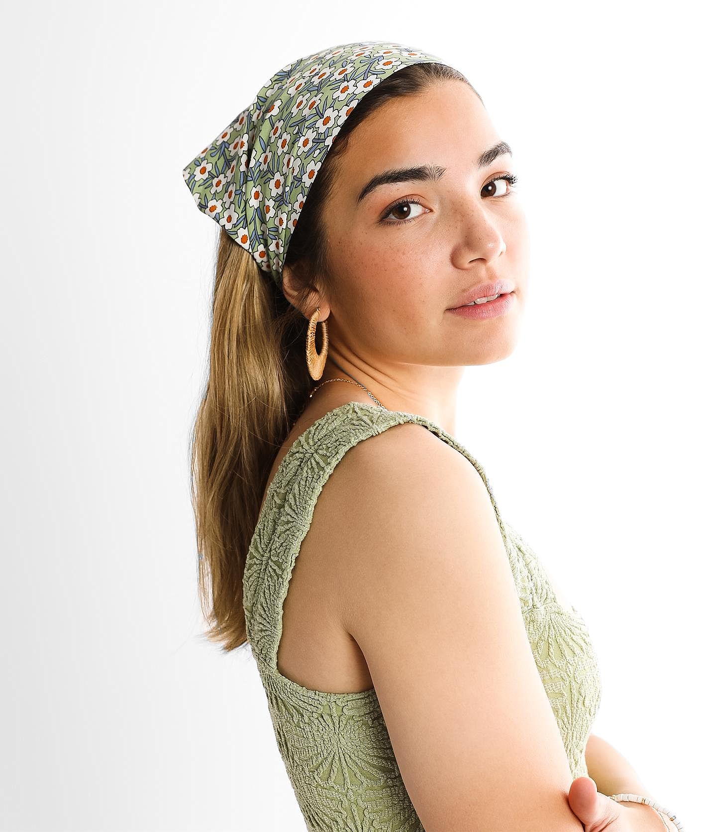Green Floral Headwrap and Scarf Set - Women Accessories Versatile Green Floral Scarf: Neck Tie, Hair Wrap, Hat  main image 4