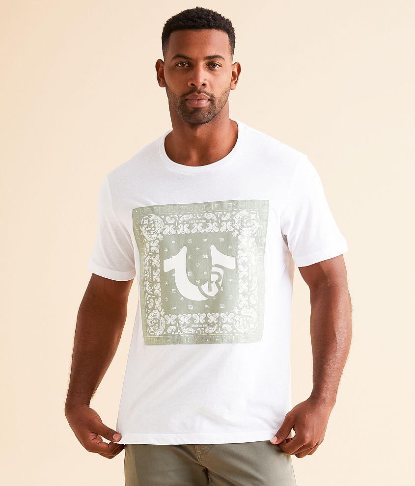 True Religion Fray Applique T Shirt Men s T Shirts in Optic White Buckle