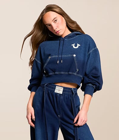 True Religion Washed Indigo Cropped Hoodie front view