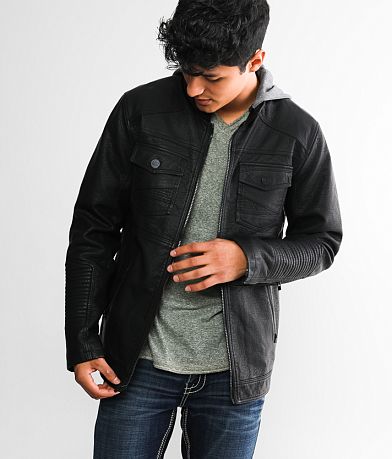 Buckle Black Faux Leather Hooded Jacket front view