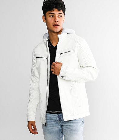 Buckle Black Faux Leather Hooded Jacket front view