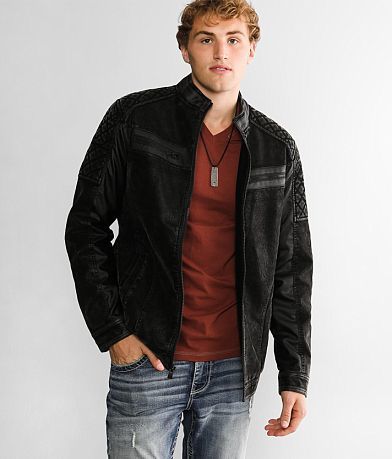 Buckle Black Seam Spray Faux Leather Jacket - Men's Coats/Jackets in Black