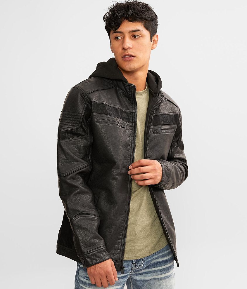 Buckle Black Faux Leather Hooded Jacket - Men's Coats/Jackets in