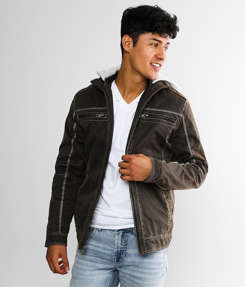 Mens Hooded Leather Denim Jacket