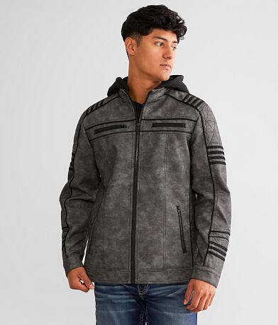 Buckle Black Faux Leather Hooded Jacket front view
